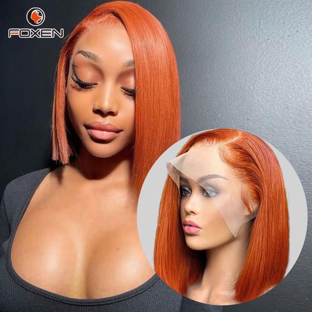 Foxen 350# Straight Human Hair Bob Wigs 13x5 Ginger Lace Front Wigs