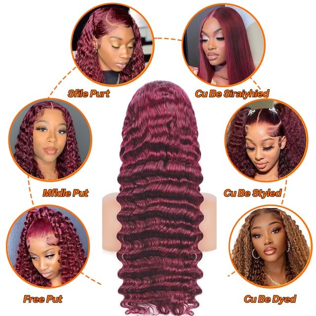 Foxen 99J Burgundy 13x4 Deep Wave Lace Front Wigs Virgin Human Hair Wigs for Women