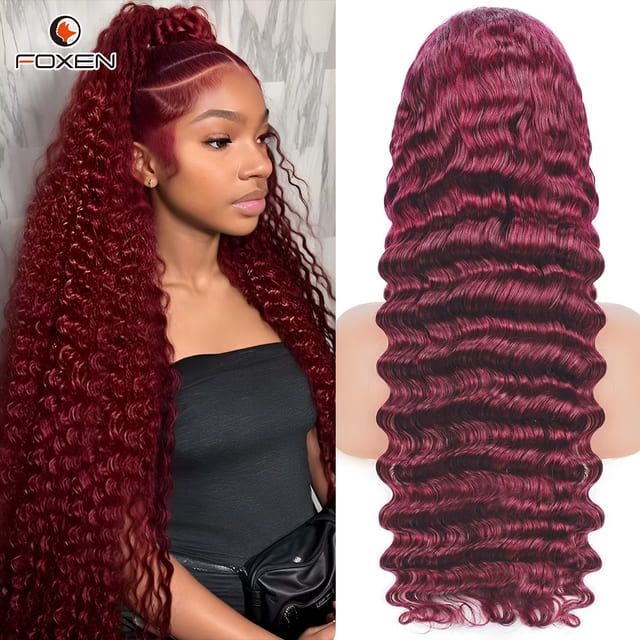 Foxen 99J Burgundy 13x4 Deep Wave Lace Front Wigs Virgin Human Hair Wigs for Women