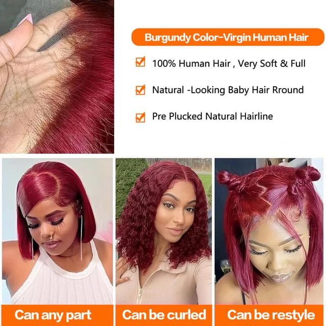Foxen 99j Burgundy Straight Bob Wigs 100% Virgin Human Hair 13*4 Lace Front Wigs