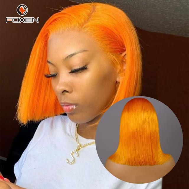 Foxen Short Bob Wigs for Women Orange Color Lace Frontal Wigs for Summer Special