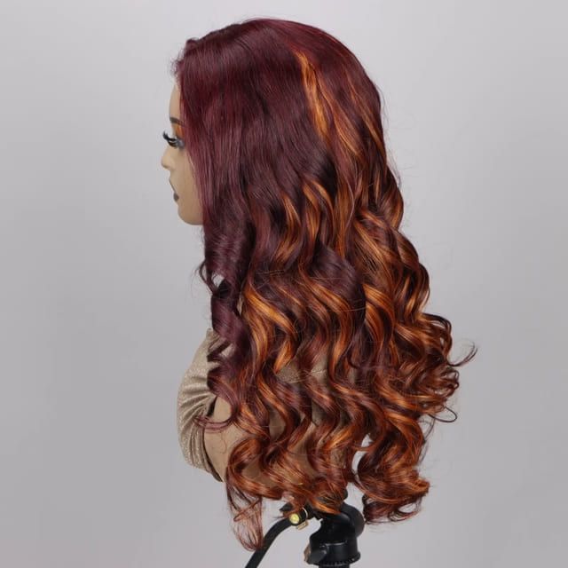 Foxen Fashion Curly Hair Wigs 13*5 Lace Front 99j# Wine Red Gradient Orange Loose Wave Wigs