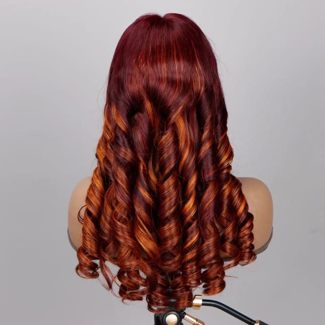Foxen Fashion Curly Hair Wigs 13*5 Lace Front 99j# Wine Red Gradient Orange Loose Wave Wigs