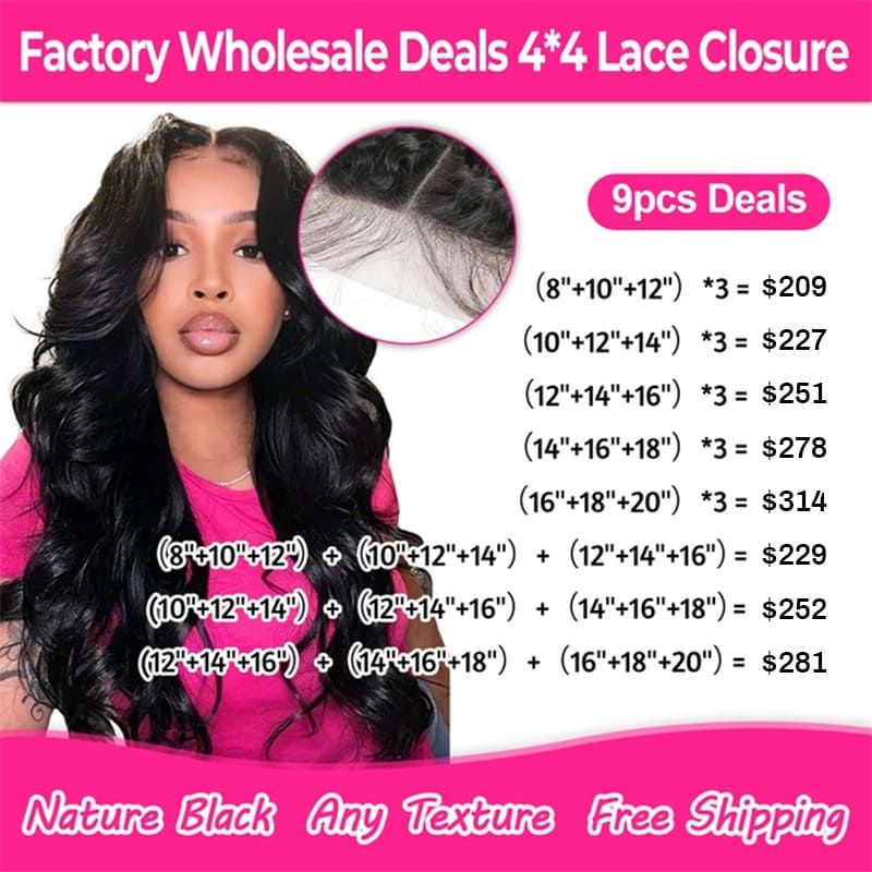 Factory Wholesale 4x4 Lace Closure Natural Black Human Hair Extensions Free Shipping