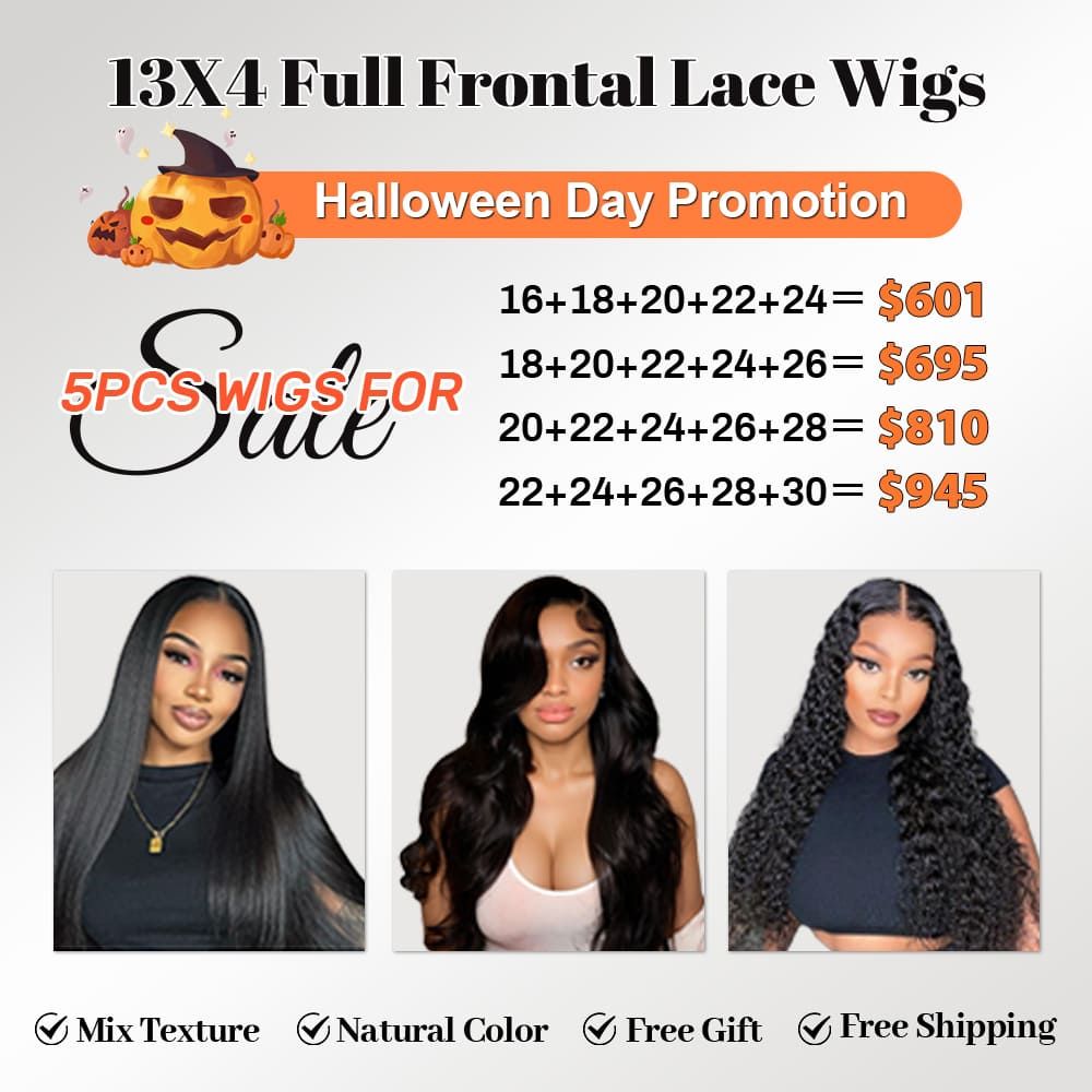 100% Human Hair Wig 5pcs Promotion 13*4 Full Frontal Lace Wig Mix Any Texture for Black Women